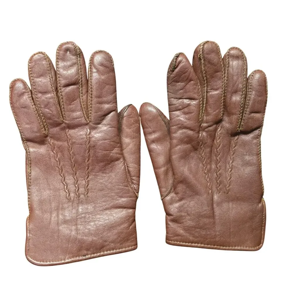 Vintage Brown Leather Quality Capeskin Gloves Rabbit Faux Fur Lining Women's Med